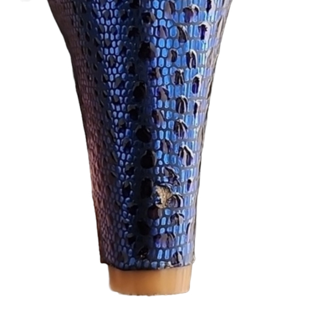 METALLIC COBALT BLUE VEGAN Platform Pumps 8 Heels Gold CZ Moon Charms Chunky - Picture 11 of 16